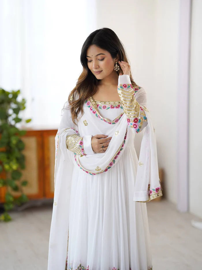 New Designer White Color Premium Heavy Georgette Anarkali Gown With Bottom And Dupatta Set