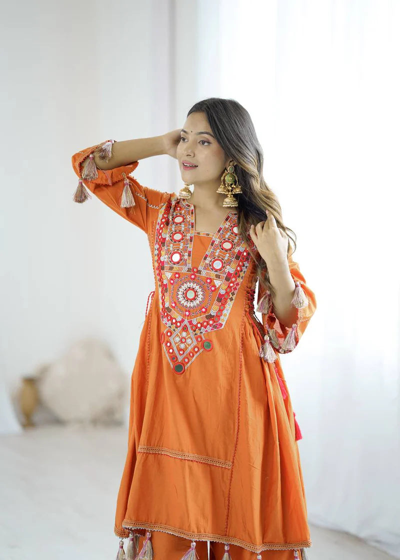 Orange Color Pure Khadi Cotton Kurta With Pant Set