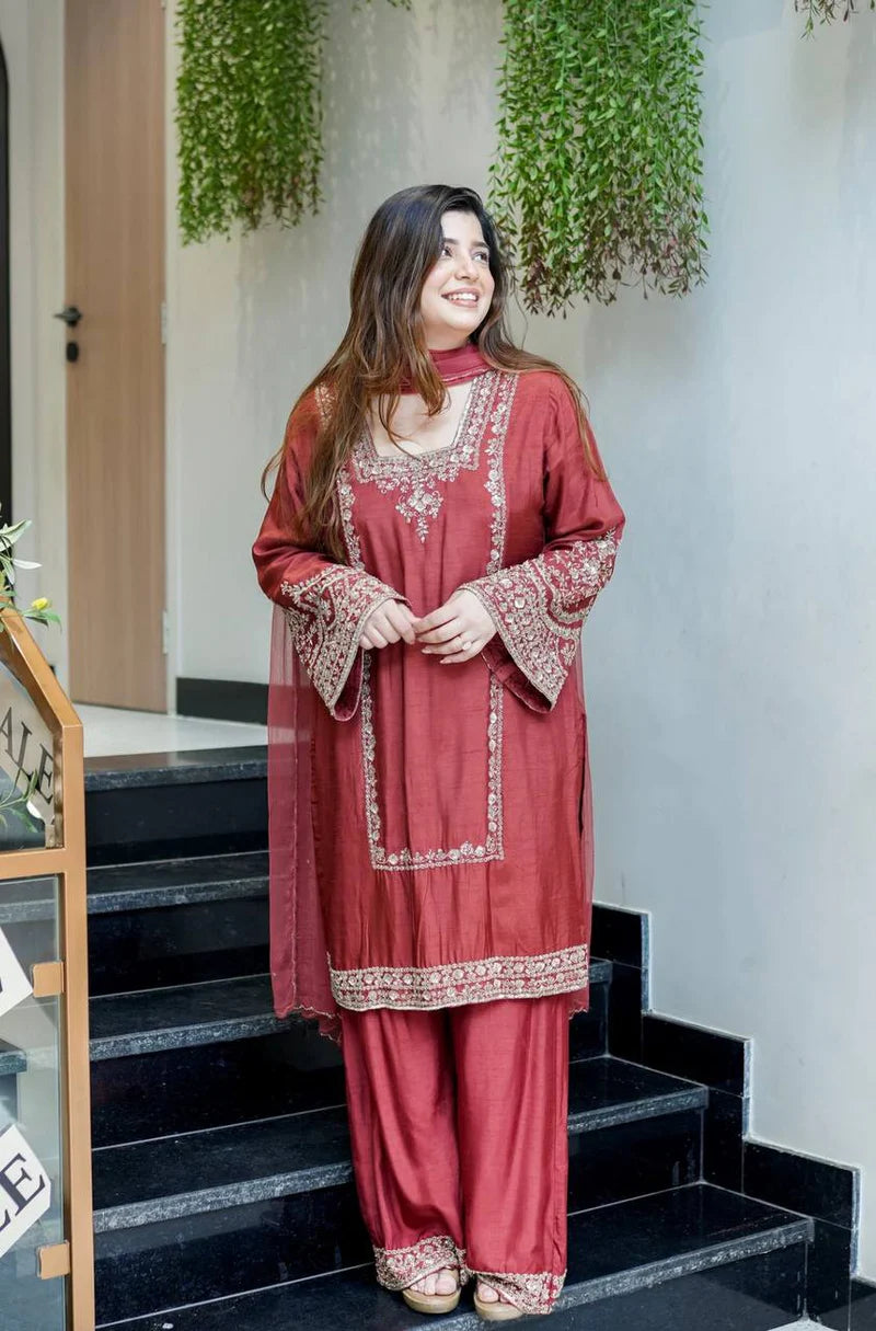 New Designer Chiffon Embroidery Work Set – Fully Stitched Ready-to-Wear Top, Plazzo Bottom & Dupatta for Women