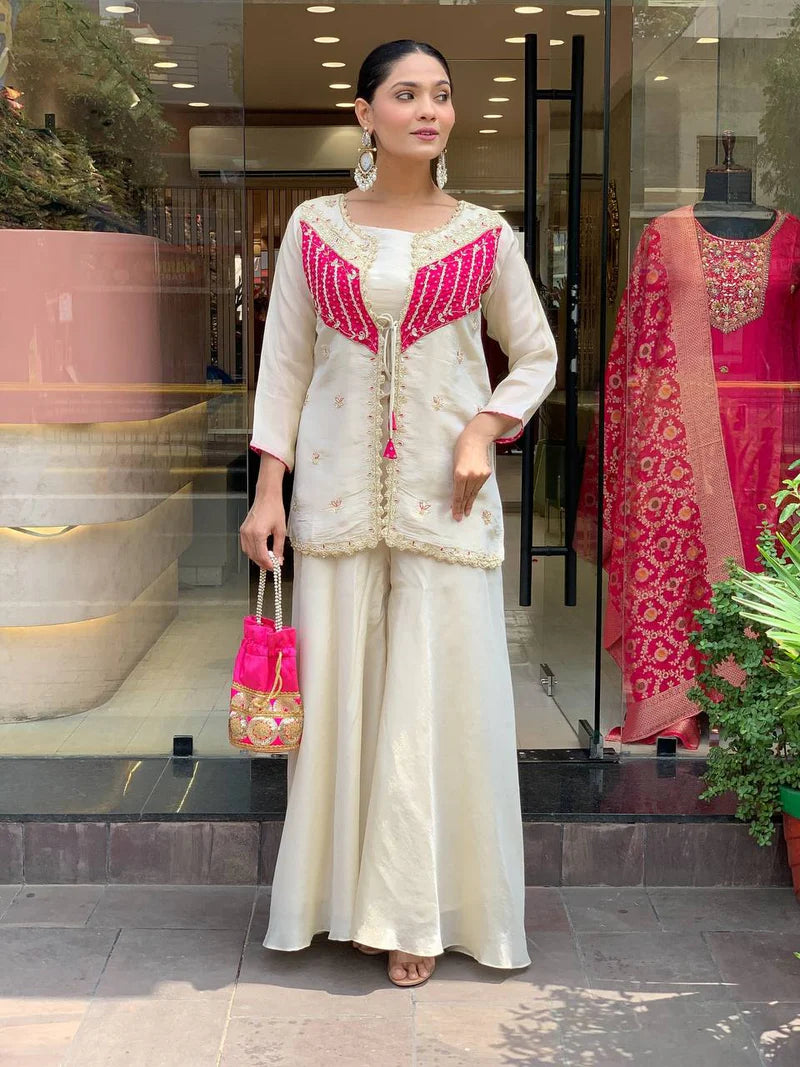 New Party Wear Luxurious Roman Silk adorned with intricate embroidery Cord Set