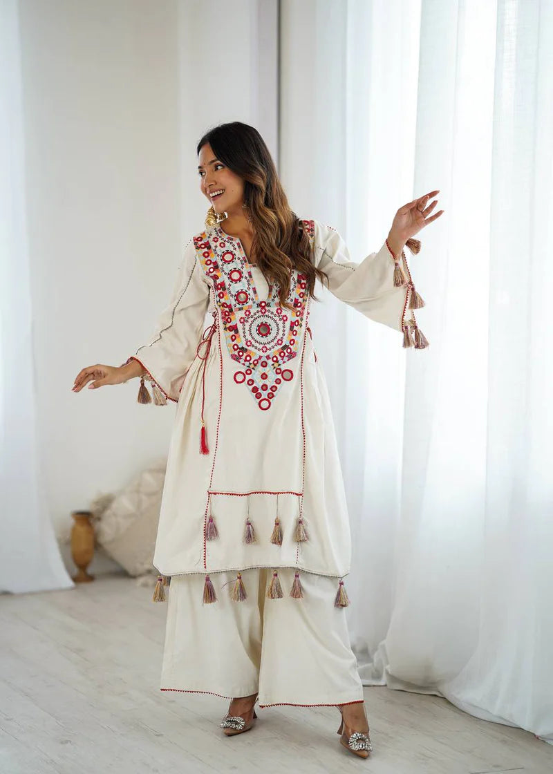 Beautiful Navratri Special White Designer Pure Khadi Cotton Embroidery sequence work Kurta With Plazzo Set