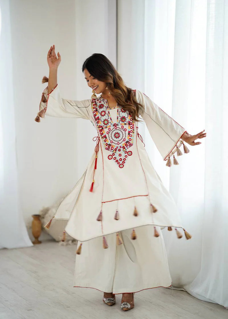 Beautiful Navratri Special White Designer Pure Khadi Cotton Embroidery sequence work Kurta With Plazzo Set
