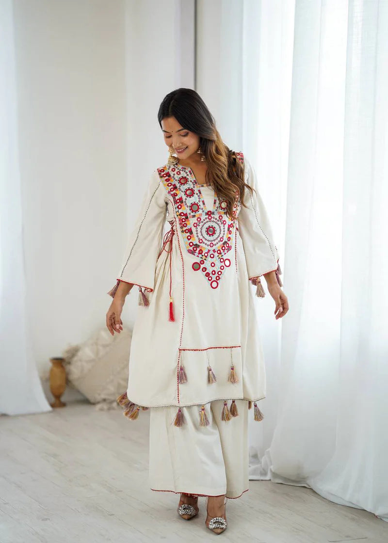 Beautiful Navratri Special White Designer Pure Khadi Cotton Embroidery sequence work Kurta With Plazzo Set