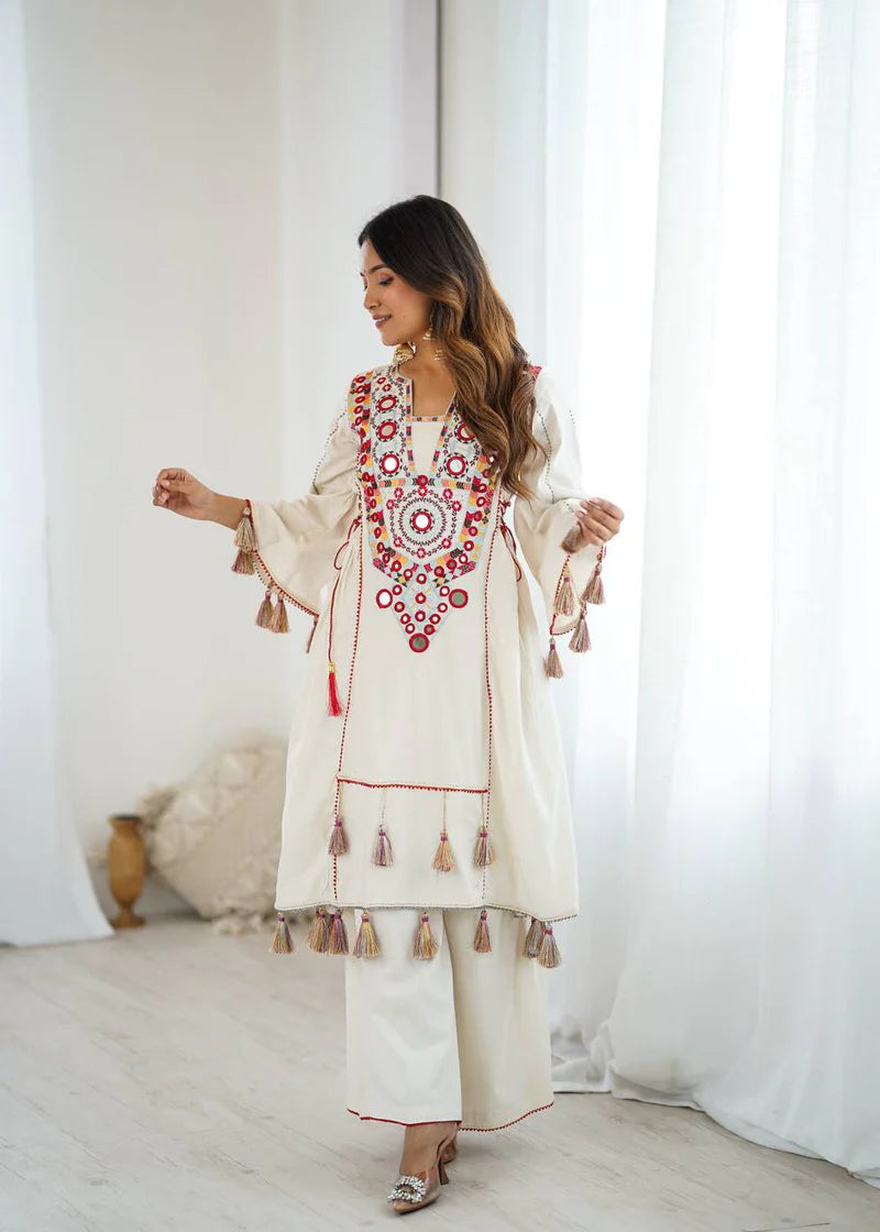 Beautiful Navratri Special White Designer Pure Khadi Cotton Embroidery sequence work Kurta With Plazzo Set