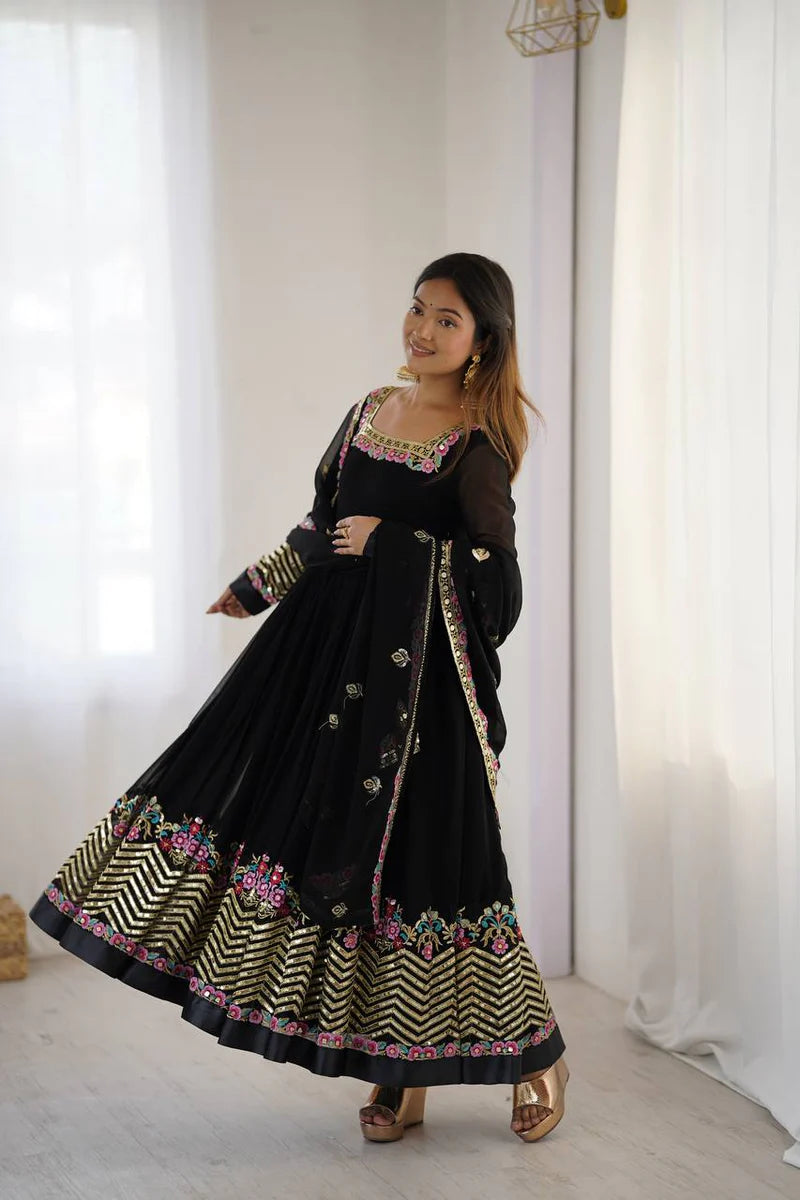 New Designer Black Color Premium Heavy Georgette Anarkali Gown With Bottom And Dupatta Set