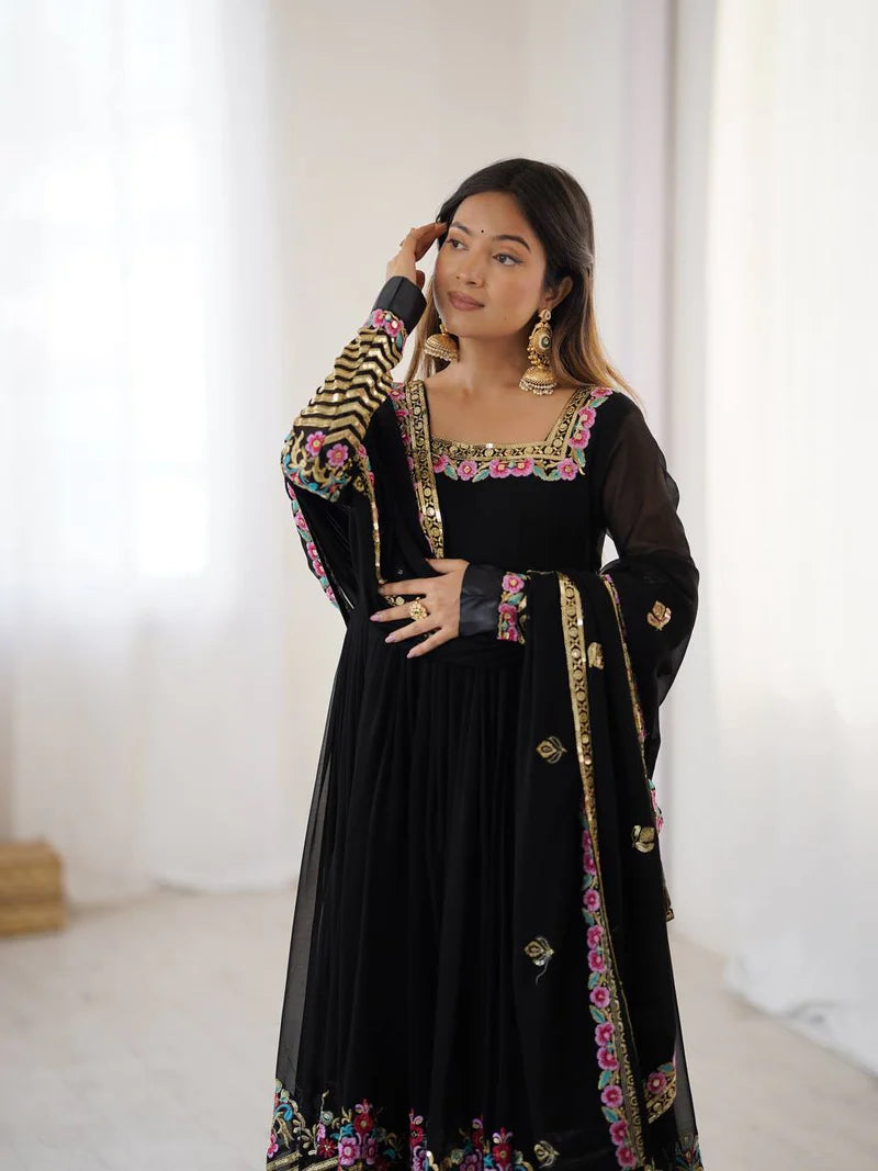 New Designer Black Color Premium Heavy Georgette Anarkali Gown With Bottom And Dupatta Set