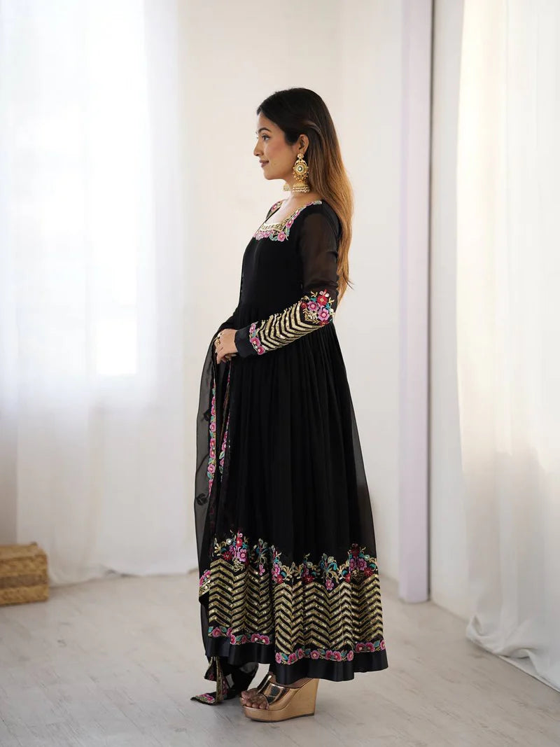 New Designer Black Color Premium Heavy Georgette Anarkali Gown With Bottom And Dupatta Set