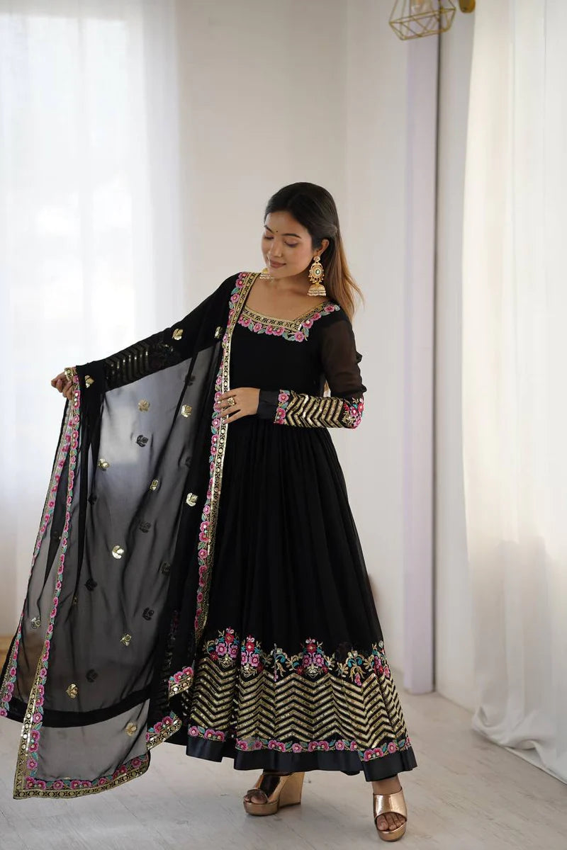 New Designer Black Color Premium Heavy Georgette Anarkali Gown With Bottom And Dupatta Set