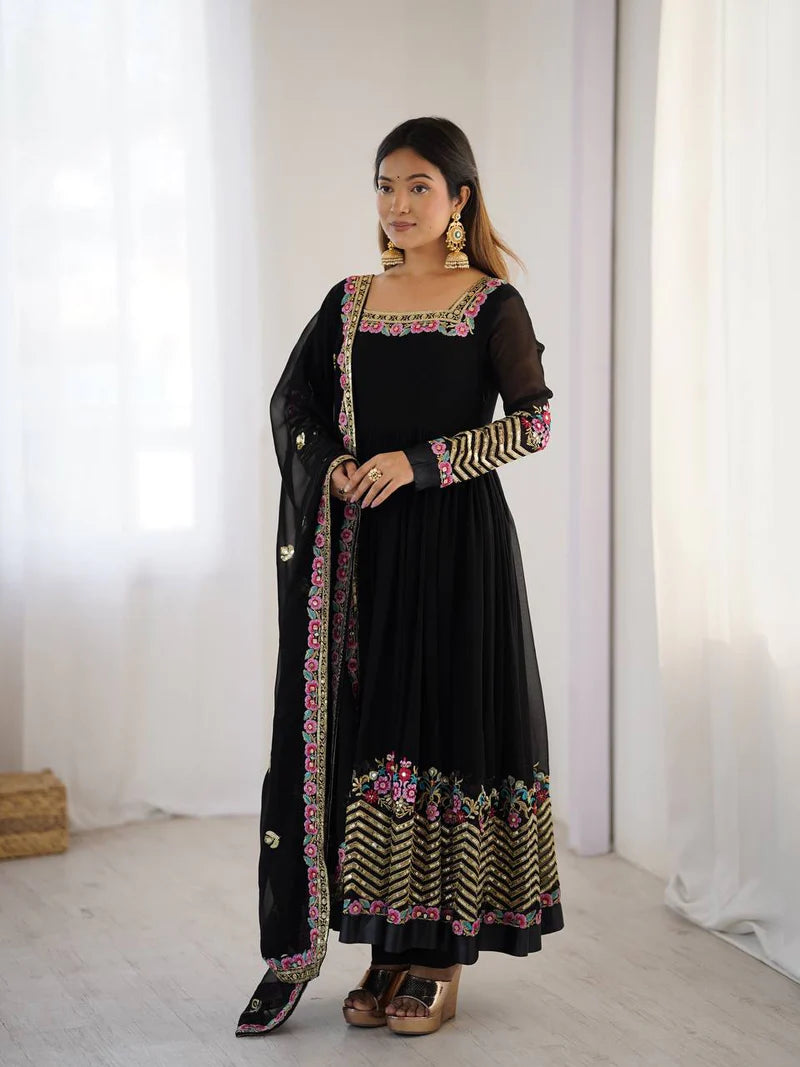 New Designer Black Color Premium Heavy Georgette Anarkali Gown With Bottom And Dupatta Set