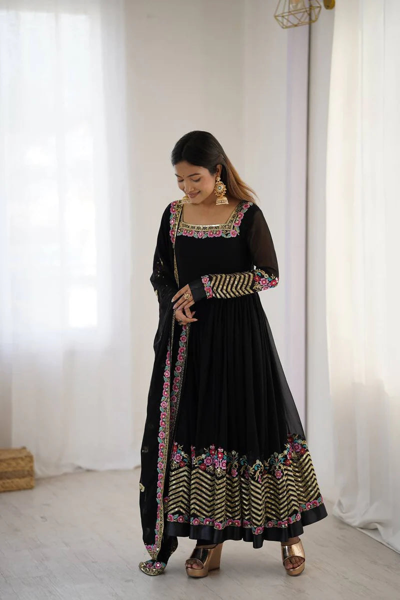 New Designer Black Color Premium Heavy Georgette Anarkali Gown With Bottom And Dupatta Set