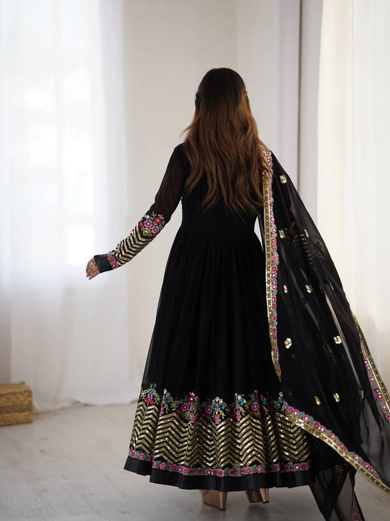 New Designer Black Color Premium Heavy Georgette Anarkali Gown With Bottom And Dupatta Set