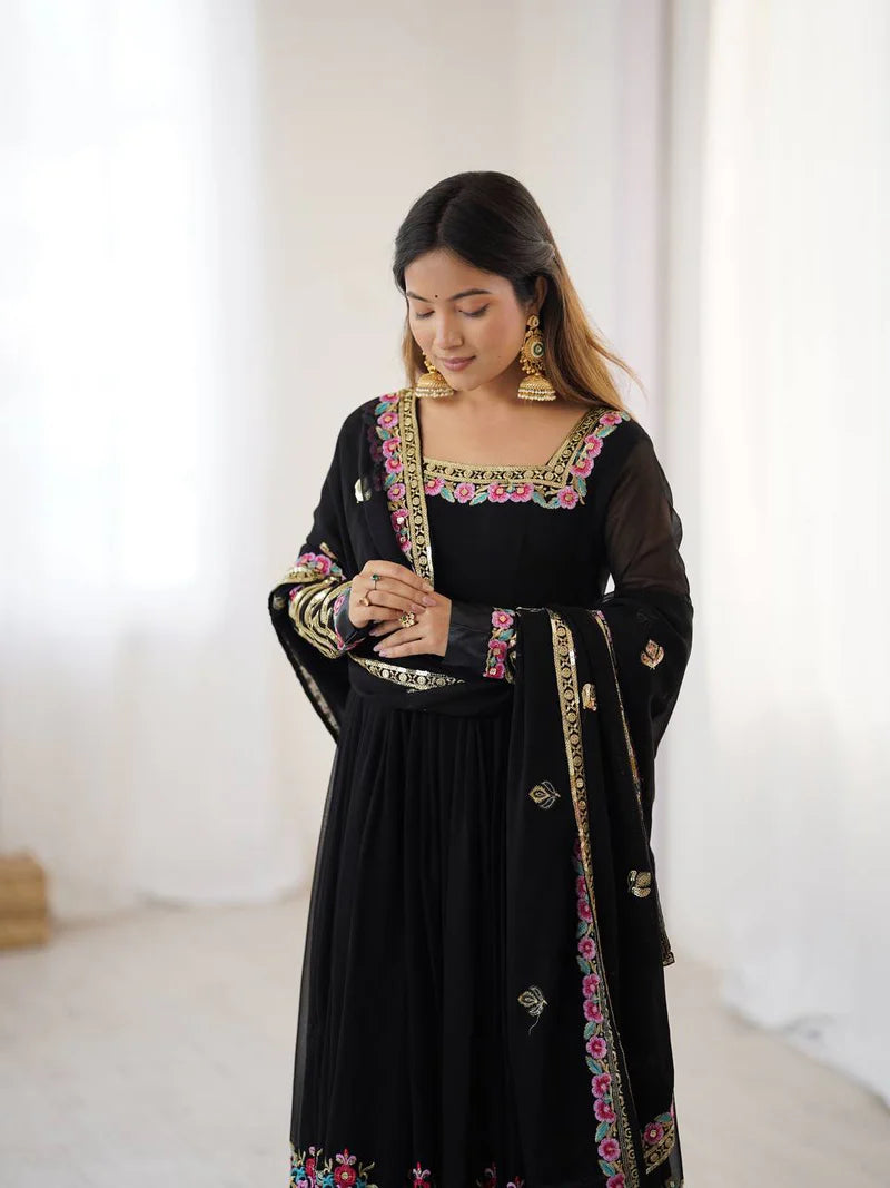 New Designer Black Color Premium Heavy Georgette Anarkali Gown With Bottom And Dupatta Set