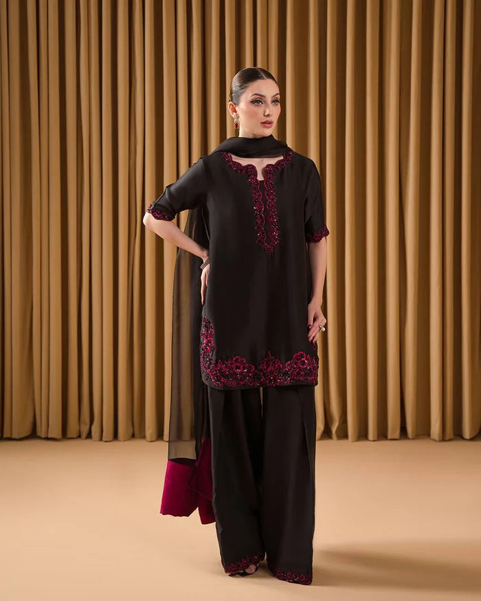 Designer Party Wear Set – Pure Natural Crepe Top with Farshi Palazzo & Dupatta