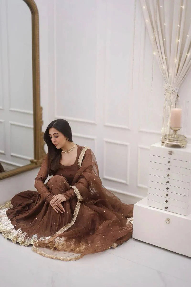 Brown Color Heavy Faux Georgette with delicate Moti Work & Full Sleeves Anarkali Set