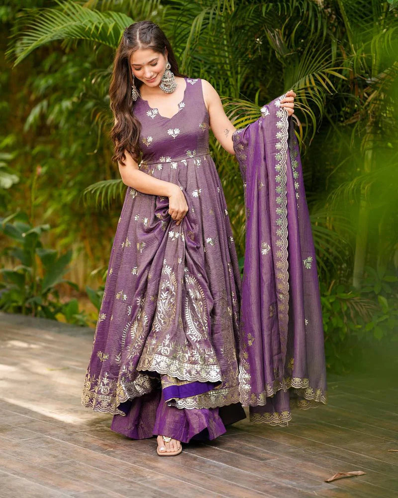 New Treditional Premium look French Crepe Silk Embroidery Suit Set with Lace Work & Digital Print Dupatta