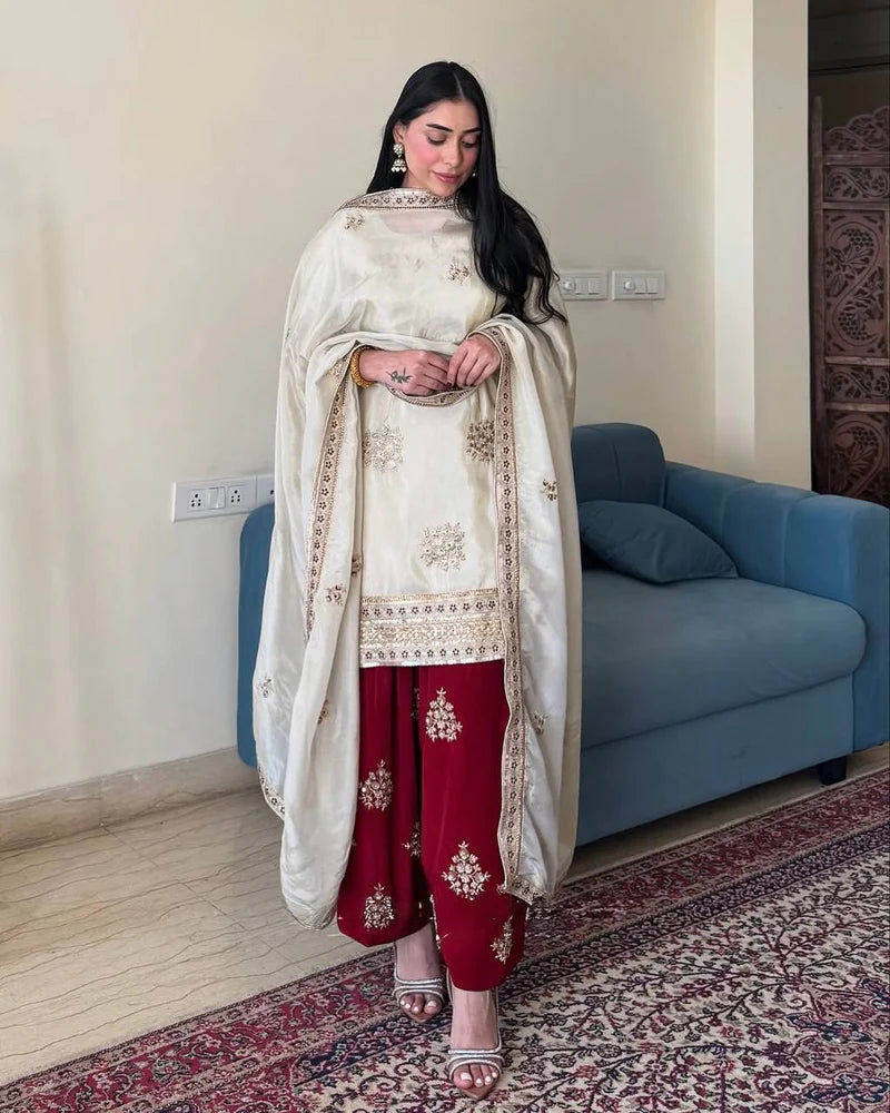 Luxury Chinnon Silk Embroidered Suit – Ready to Wear Festive Set