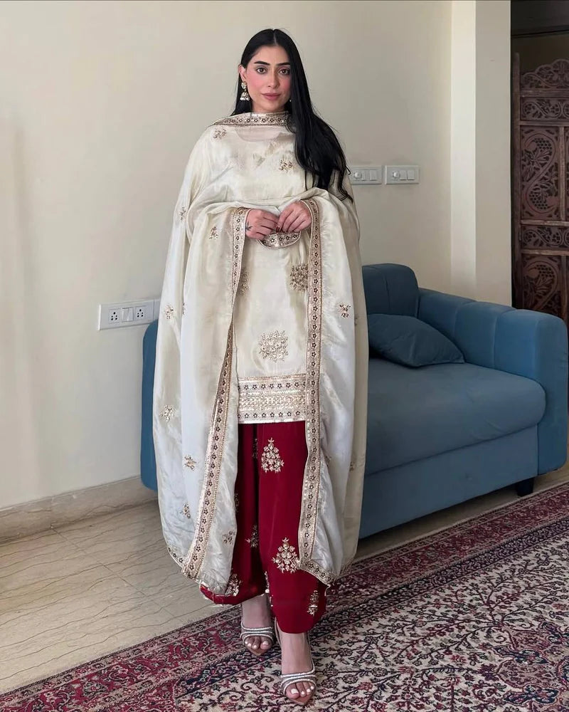 Luxury Chinnon Silk Embroidered Suit – Ready to Wear Festive Set
