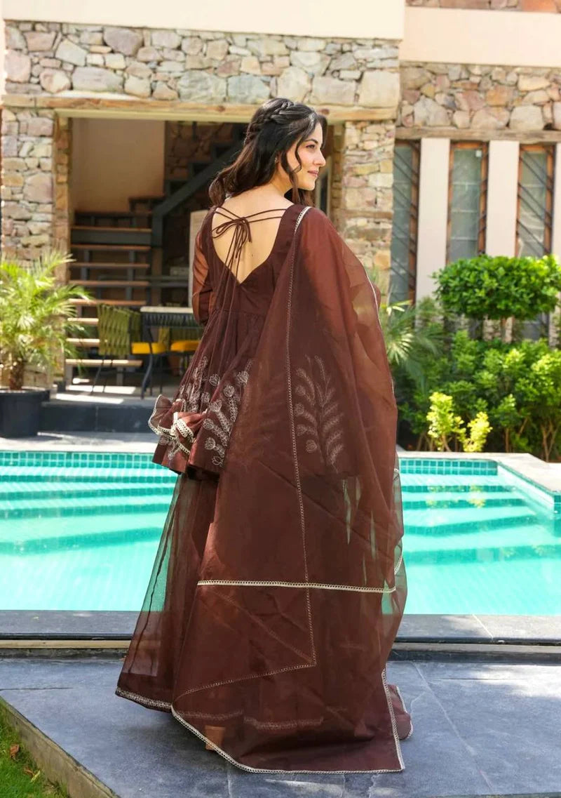 Heavy Star Georgette Coding Embroidery Work Fully Stitched Ready-to-Wear Top, Bottom & Dupatta